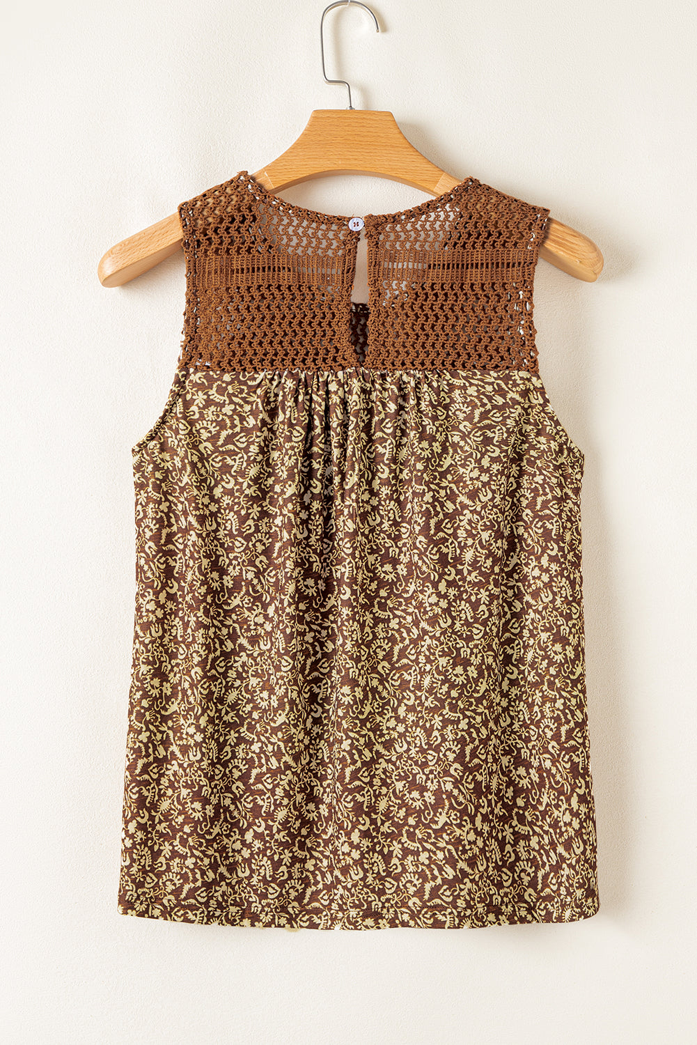 Brown Eyelet Knit Yoke Patchwork Printed Flowy Fit Tank Top-Chaelisa's New Jammies