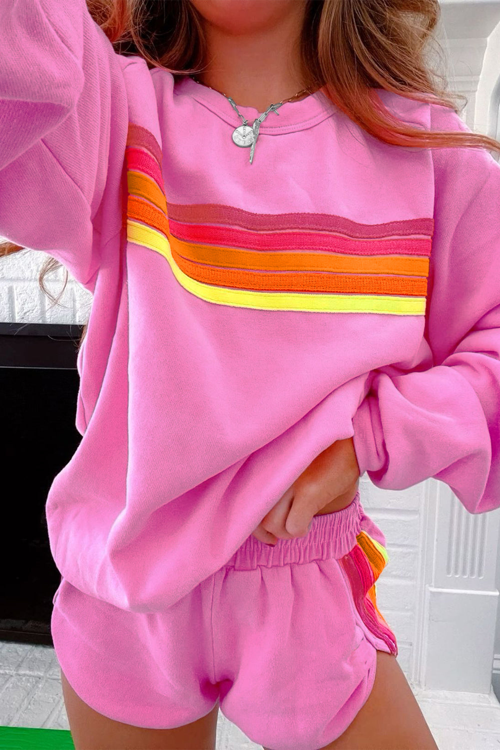 Bonbon Striped Accent Pullover and Shorts Two Piece Casual Set-Chaelisa's New Jammies