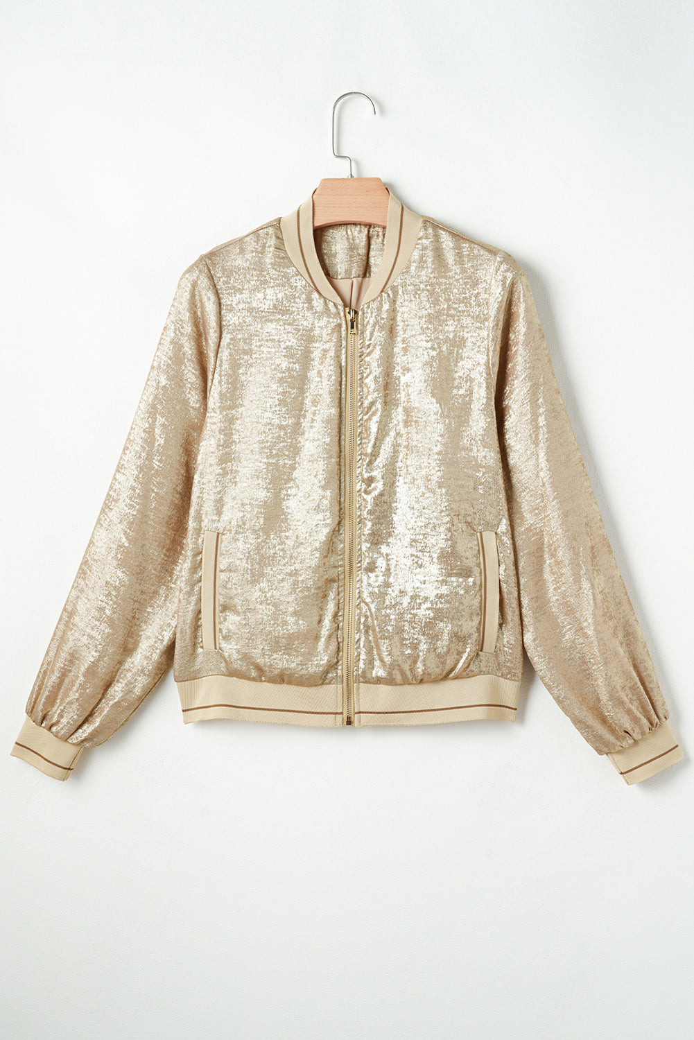 Pale Khaki Metallic Zip up Baseball Jacket-Chaelisa's New Jammies