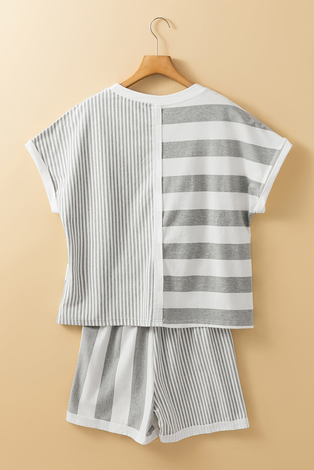 Gray Stripe Mixed Print Short Sleeve Top and Pocketed Shorts Set-Chaelisa's New Jammies
