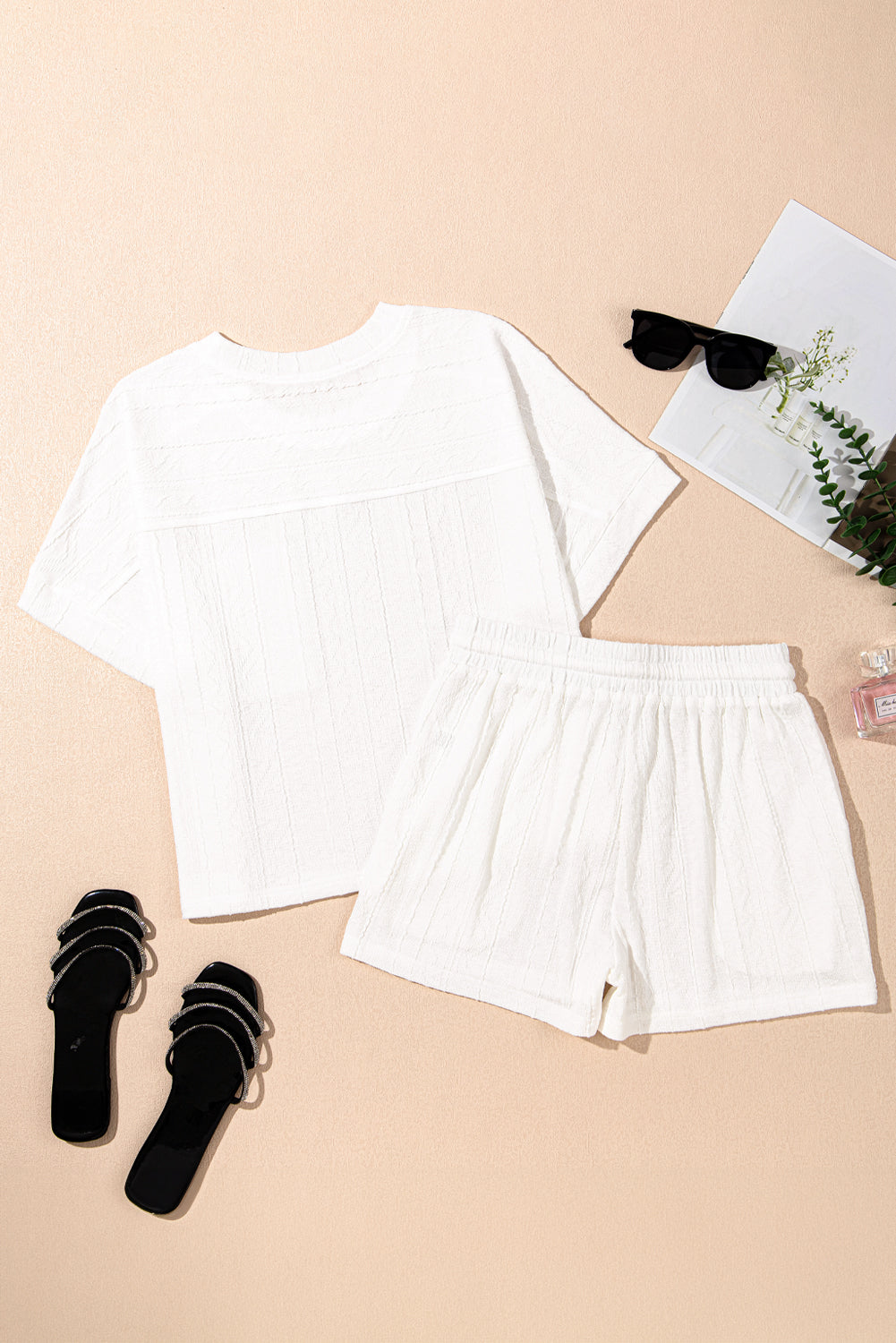 Jet Stream Textured Patched Pocket Short Sleeve Top Drawstring Shorts Set-Chaelisa's New Jammies