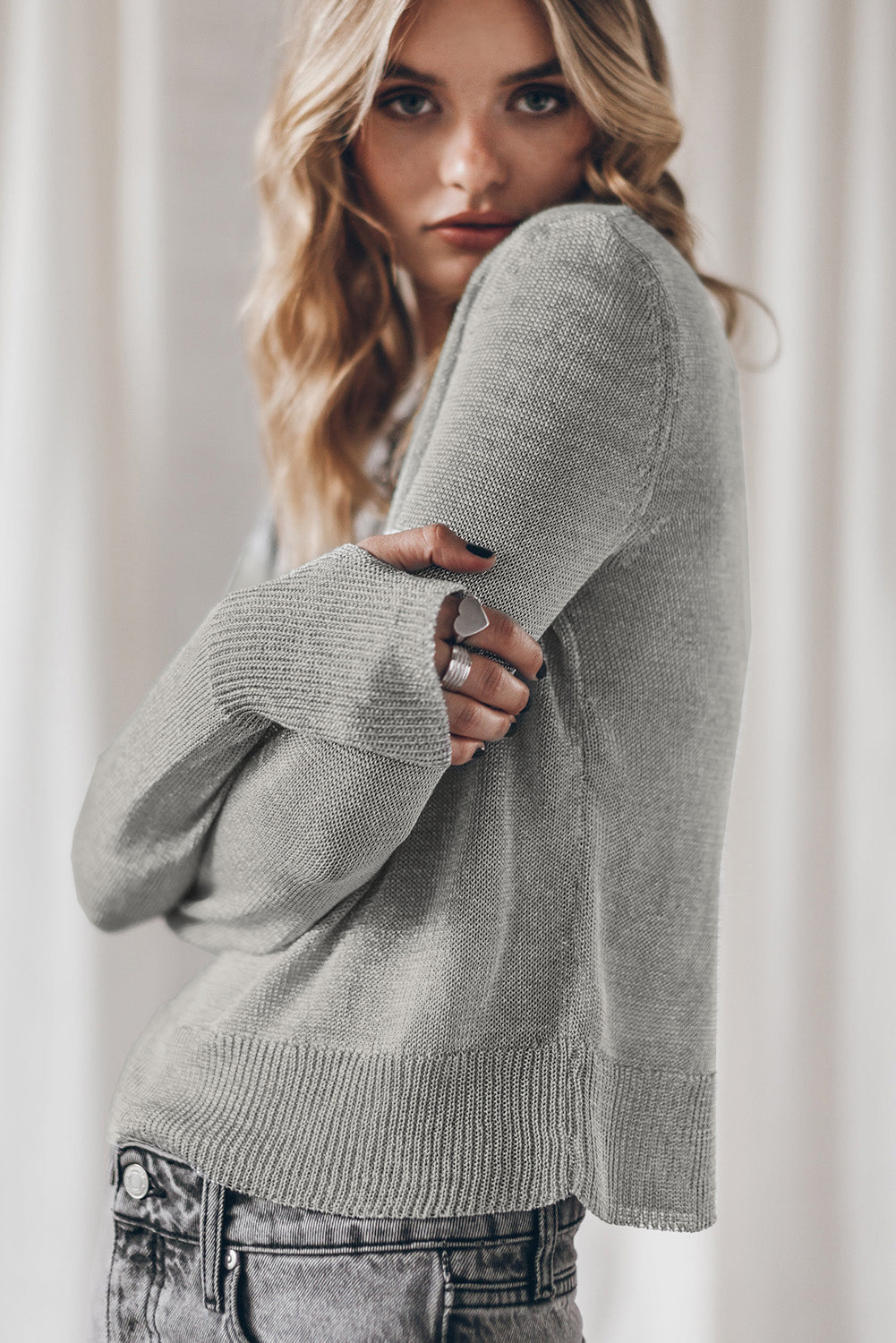 Gray Solid Color Thumbhole Sleeve Ribbed Edge Sweater-Chaelisa's New Jammies