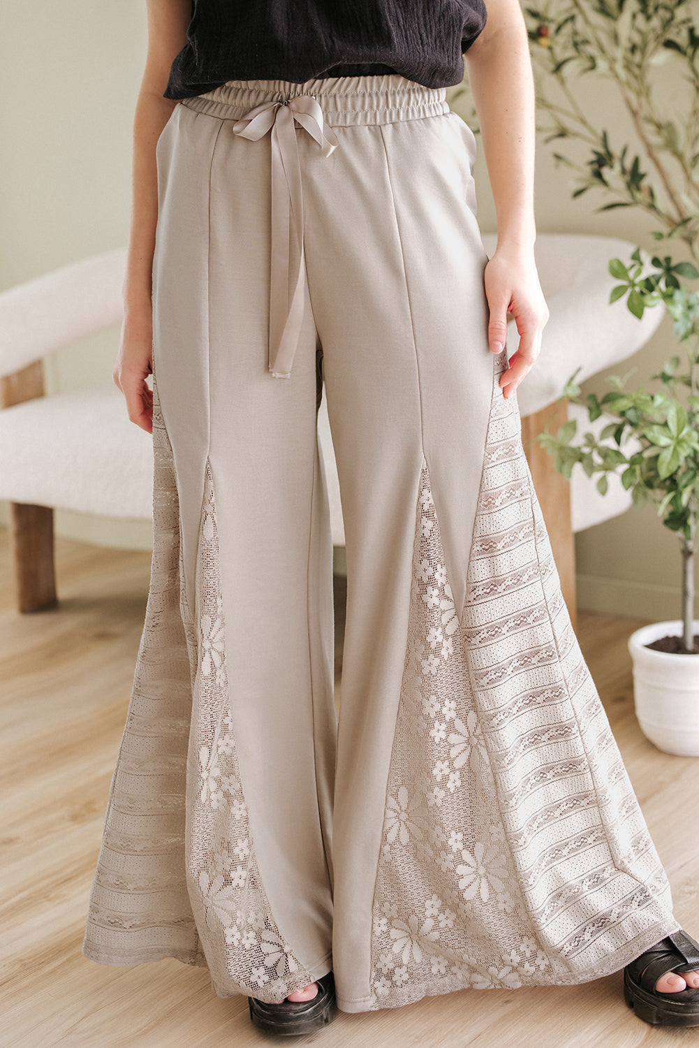 Smoke Gray Boho Lace Patchwork Wide Leg High Waist Pants-Chaelisa's New Jammies