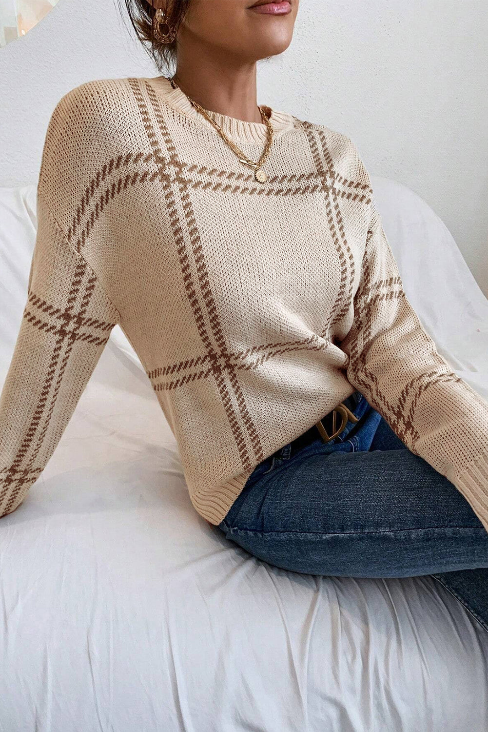 Khaki Plaid Pattern Knitted Drop Shoulder Sweater-Chaelisa's New Jammies