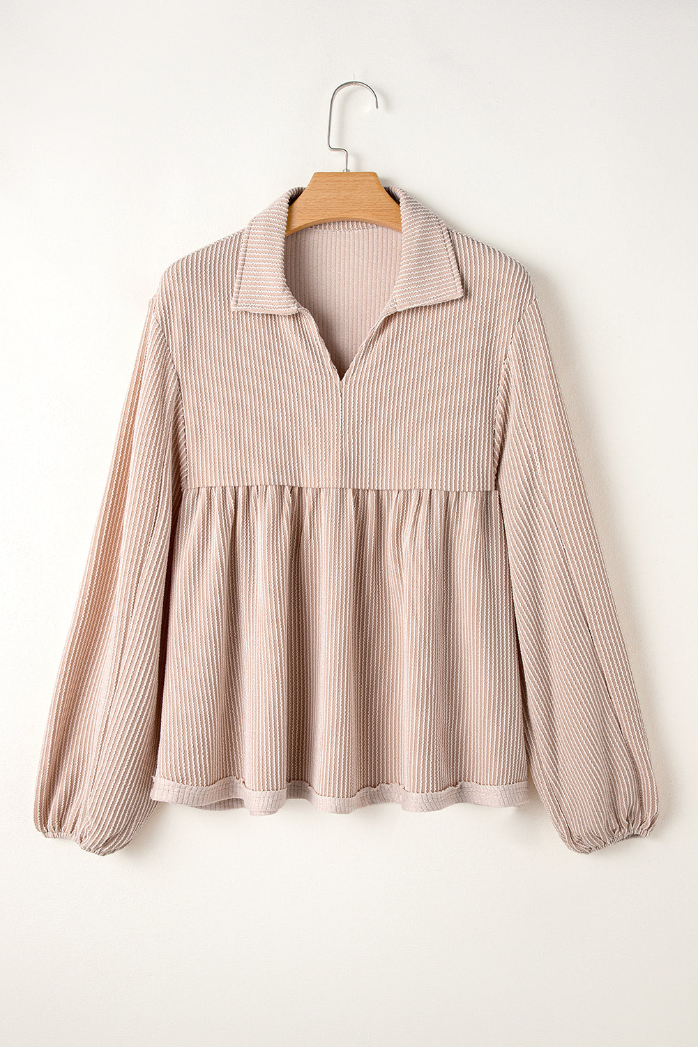 Parchment Corded Turn-down V Neck Bubble Sleeve Babydoll Blouse-Chaelisa's New Jammies