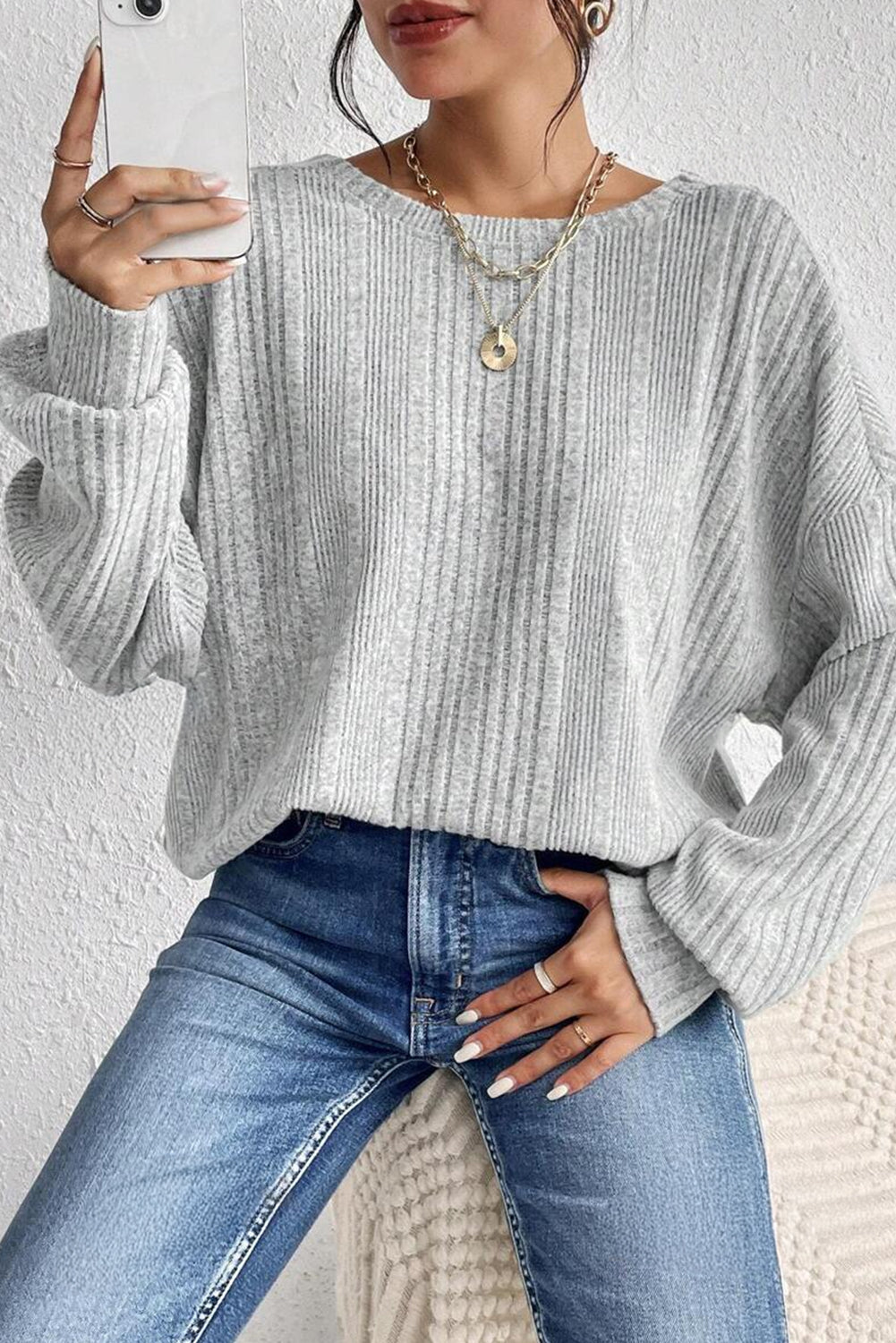 Light Grey Textured Crossover Backless Knit Long Sleeve Top-Chaelisa's New Jammies