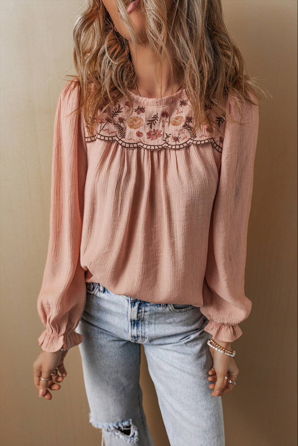 Gossamer Pink Floral Embroidered Textured Flounce Sleeve Elegant Blouse-Chaelisa's New Jammies