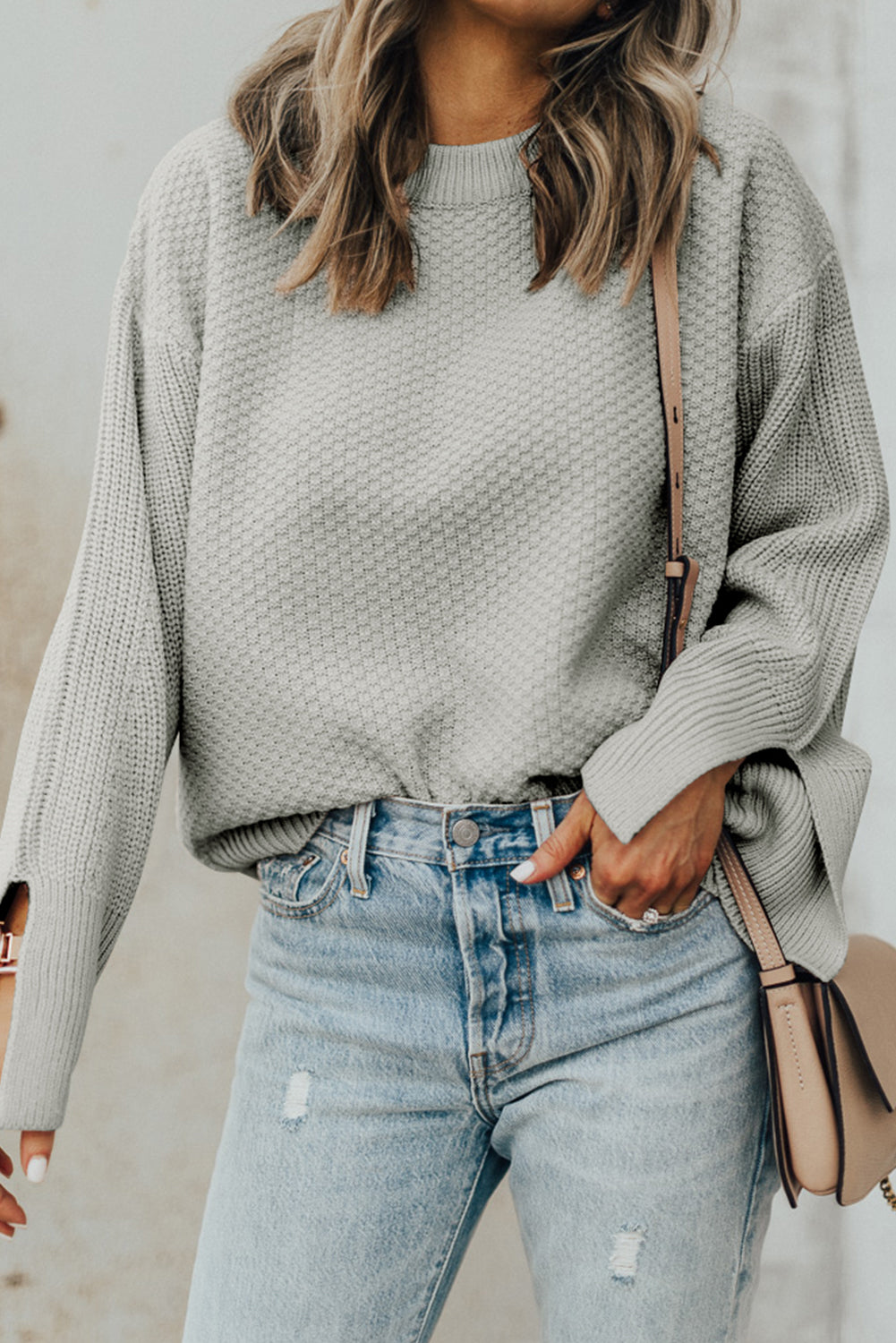 Parchment Solid Textured Knit Split Cuff Drop Shoulder Sweater-Chaelisa's New Jammies
