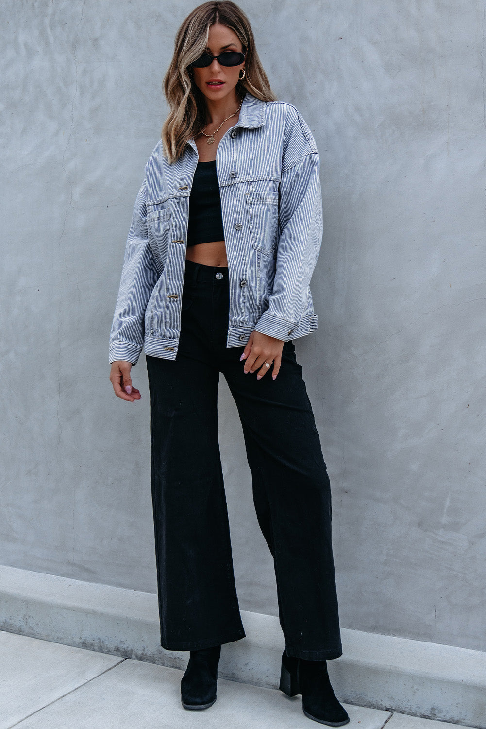 Sky Blue Stripe Washed Oversize Pocketed Denim Jacket-Chaelisa's New Jammies