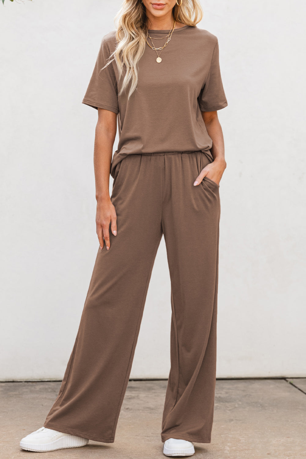 Smoke Gray Solid Color T Shirt 2pcs Wide Leg Pants Set-Chaelisa's New Jammies
