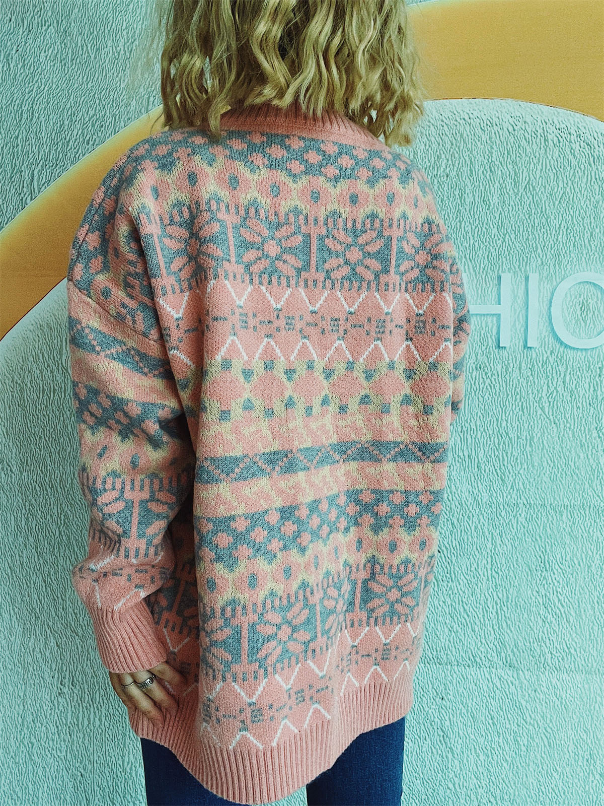 Geometric Round Neck Dropped Shoulder Sweater-Chaelisa's New Jammies