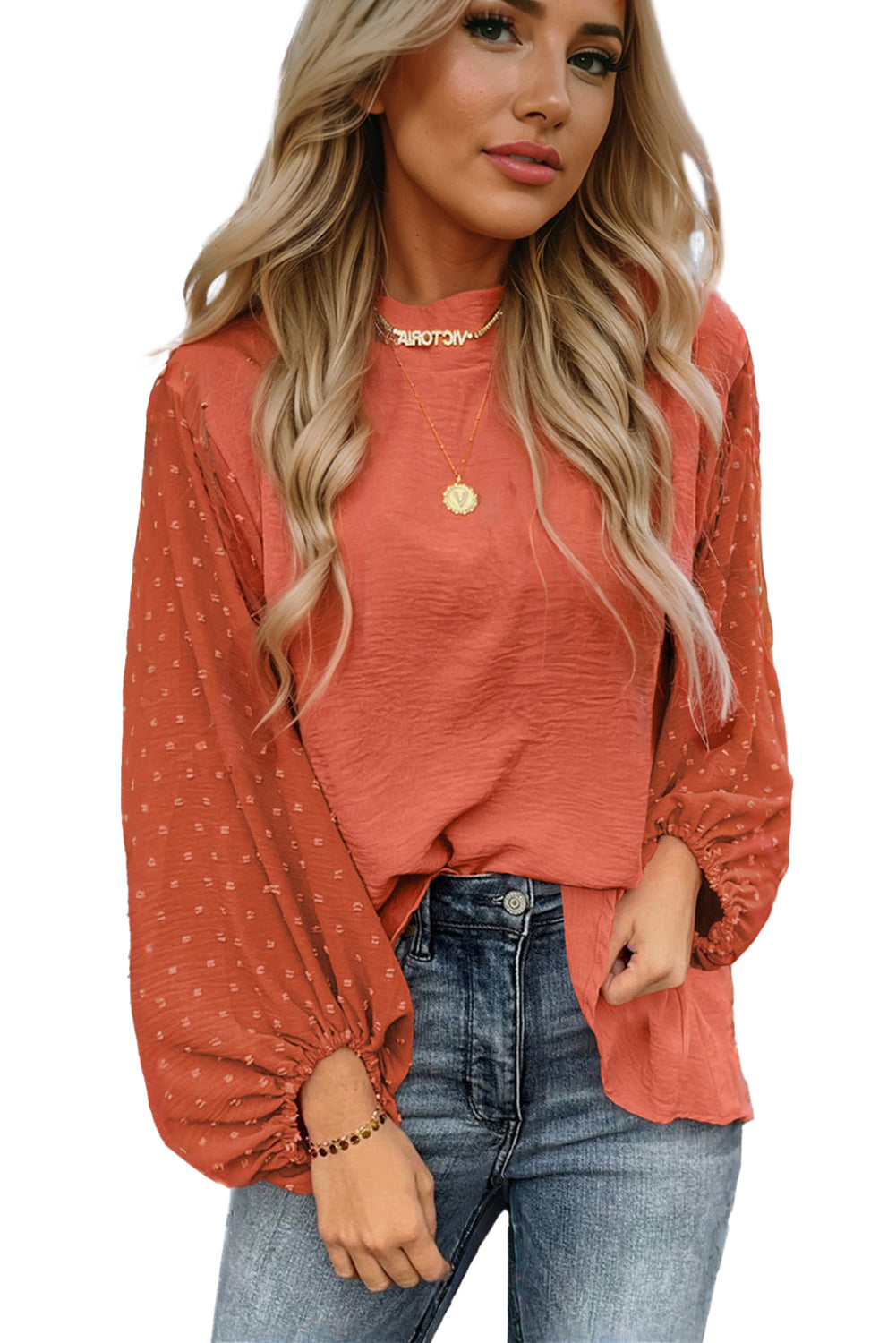 Russet Orange Swiss Dot Balloon Sleeve Patchwork Crinkle Blouse-Chaelisa's New Jammies