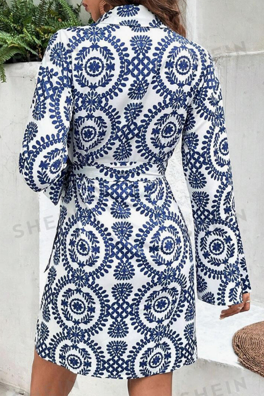 Blue Floral Print V Neck Wrapped Knot Long Sleeve Dress-Chaelisa's New Jammies
