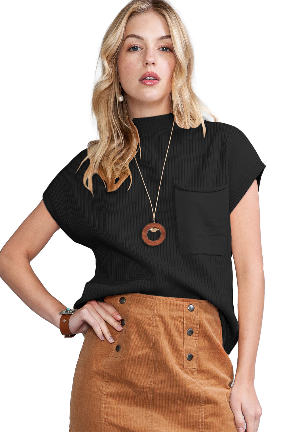 Black Patch Pocket Ribbed Knit Short Sleeve Sweater-Chaelisa's New Jammies