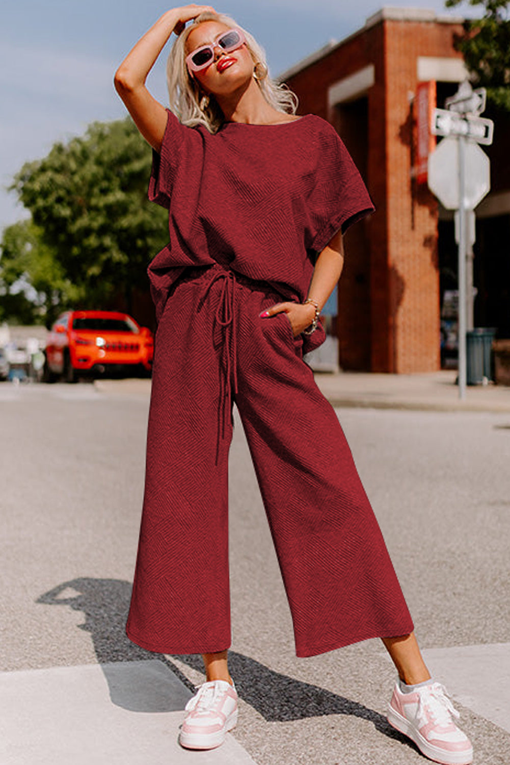 Red Dahlia Textured Loose Fit T Shirt and Drawstring Pants Set-Chaelisa's New Jammies