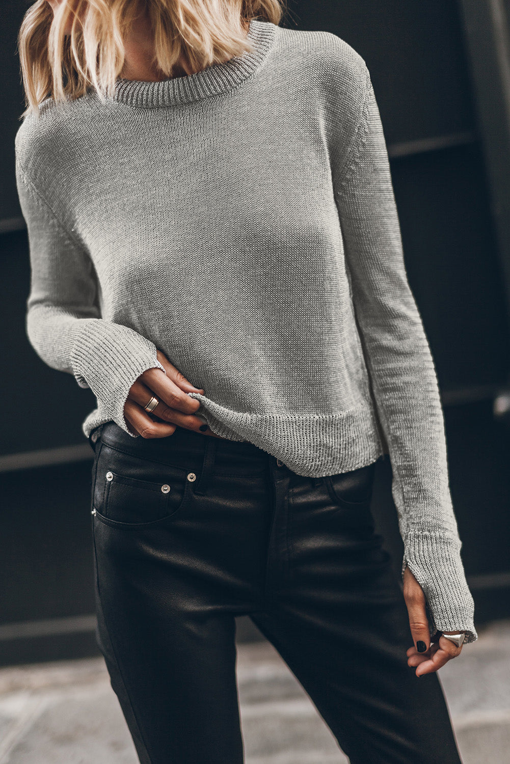 Gray Solid Color Thumbhole Sleeve Ribbed Edge Sweater-Chaelisa's New Jammies