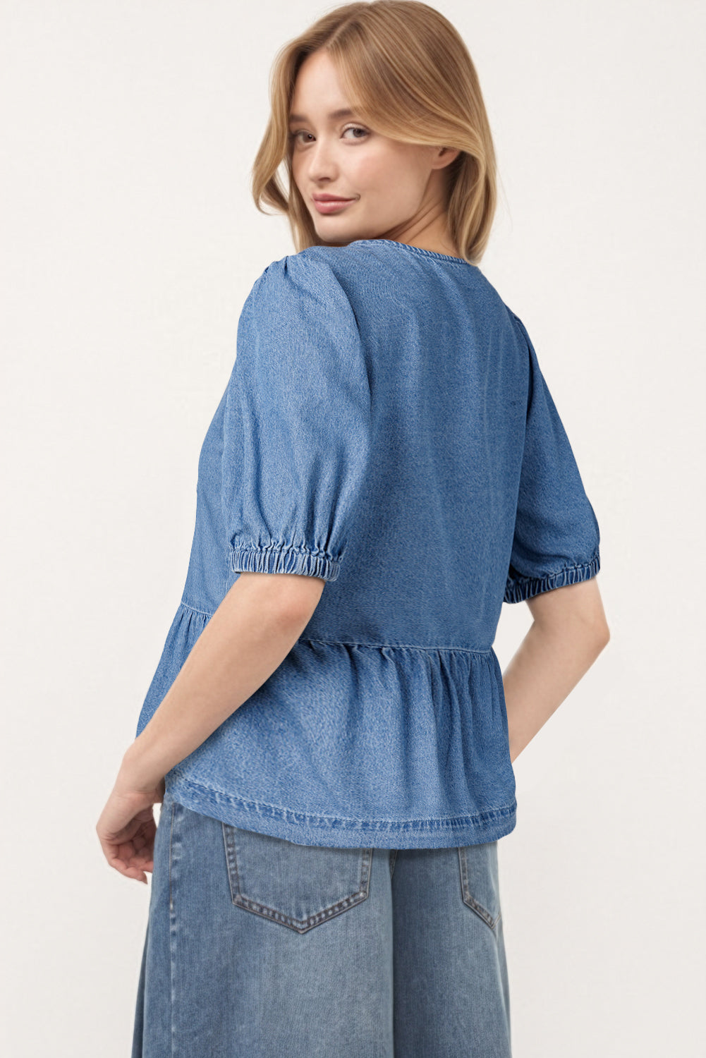 Dusk Blue Tied Front Bubble Sleeve Peplum Denim Shirt-Chaelisa's New Jammies