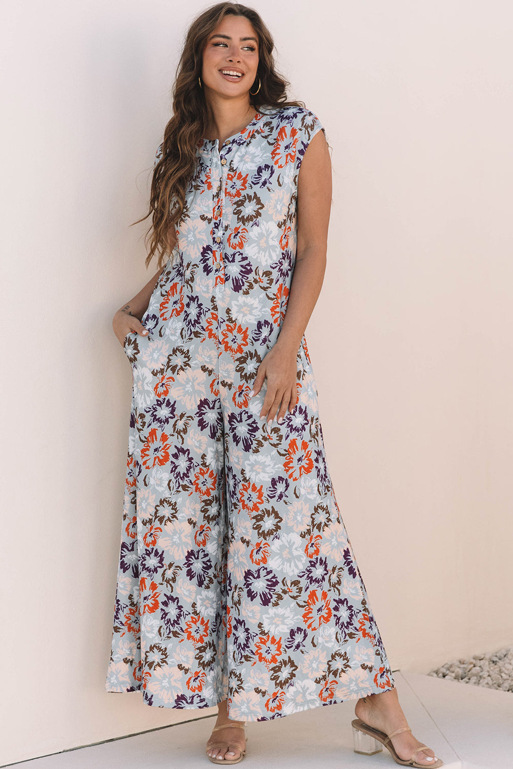 Sky Blue Floral Sleeveless Buttoned Pocketed Wide Leg Jumpsuit-Chaelisa's New Jammies