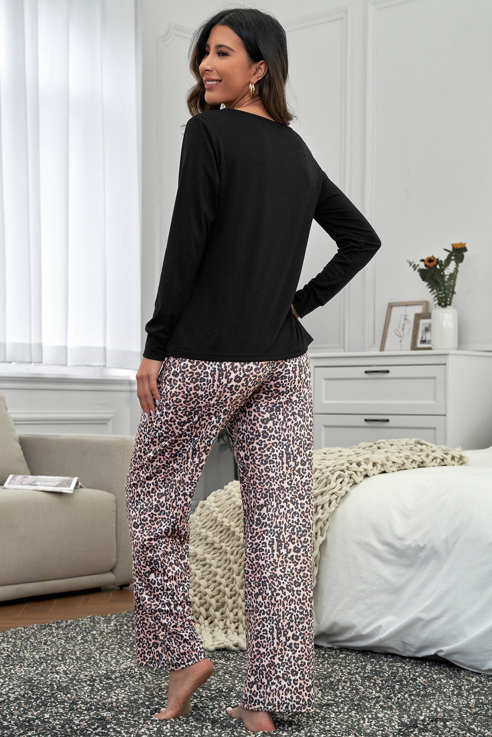 Long Sleeve Top and Leopard Print Pants Lounge Set-Chaelisa's New Jammies