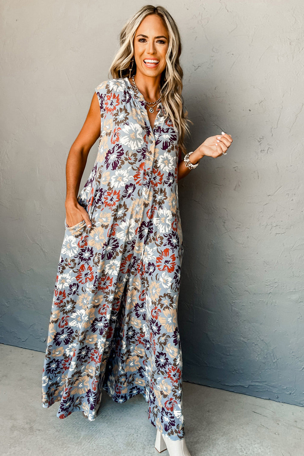 Sky Blue Floral Sleeveless Buttoned Pocketed Wide Leg Jumpsuit-Chaelisa's New Jammies