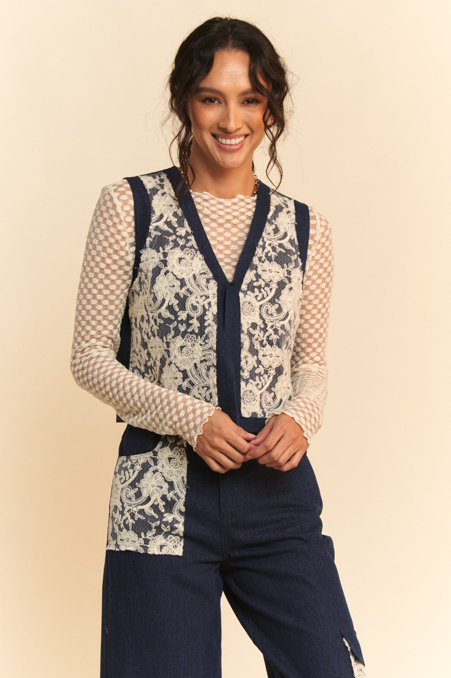 Davi & Dani Lace Patch Open Front Denim Vest-Chaelisa's New Jammies