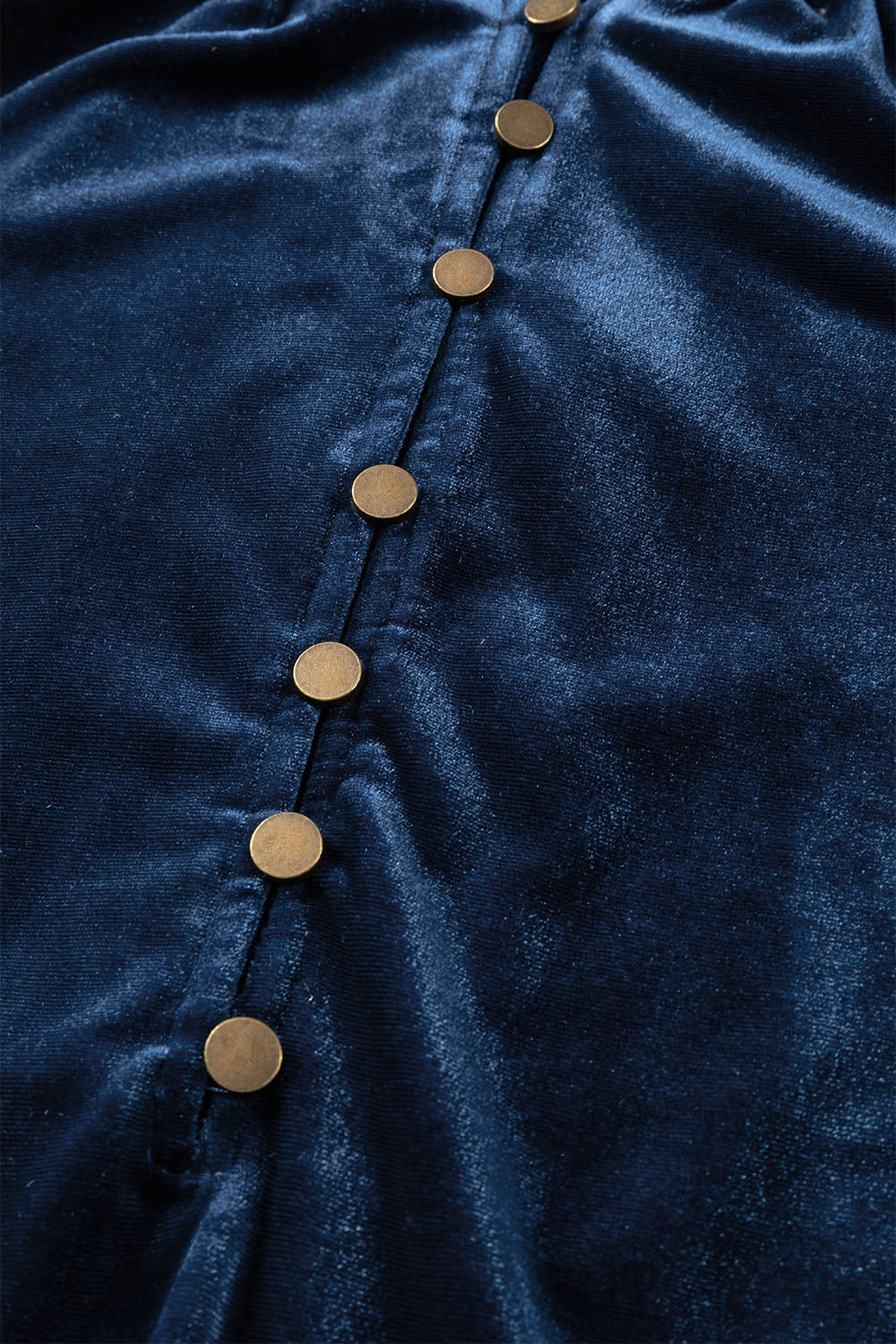 Navy Blue Frilled Buttoned V Neck Velvet Blouse-Chaelisa's New Jammies
