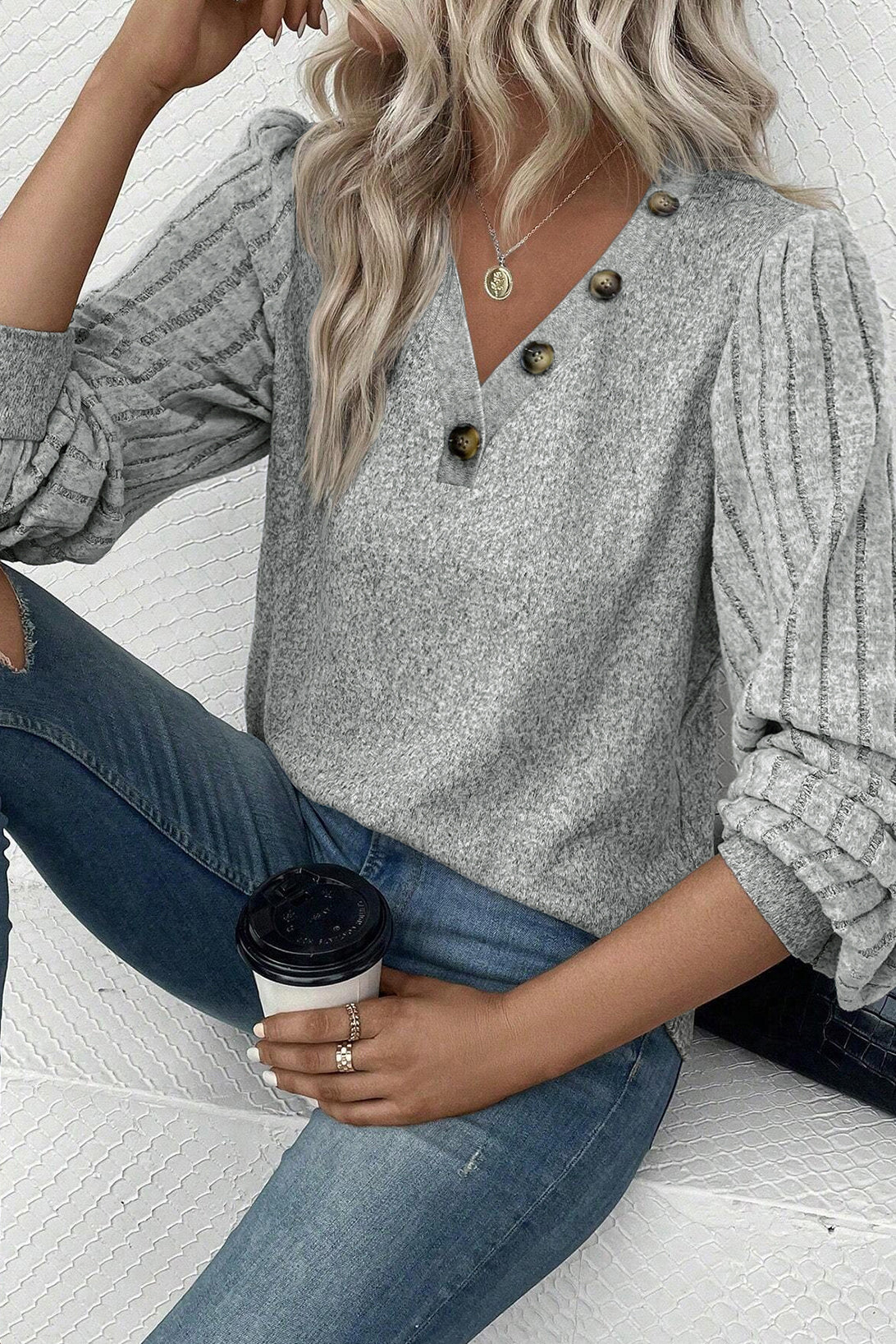 Light Grey Buttoned V Neck Ribbed Puff Sleeve Top-Chaelisa's New Jammies