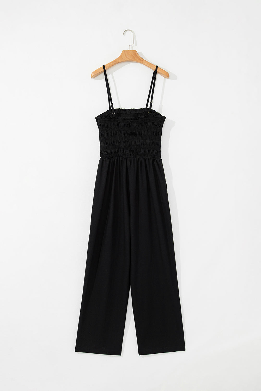 Black Spaghetti Straps Shirred Bodice Pocketed Wide Leg Jumpsuit-Chaelisa's New Jammies