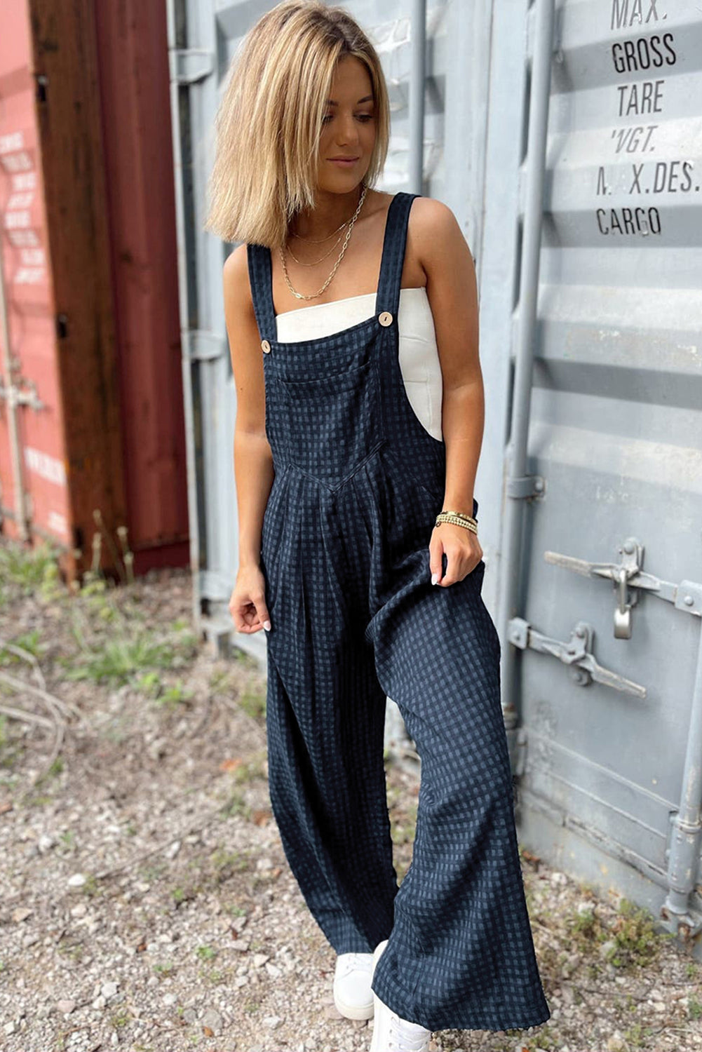 Sail Blue Plaid Print Buttoned Pocketed High Waist Overall-Chaelisa's New Jammies