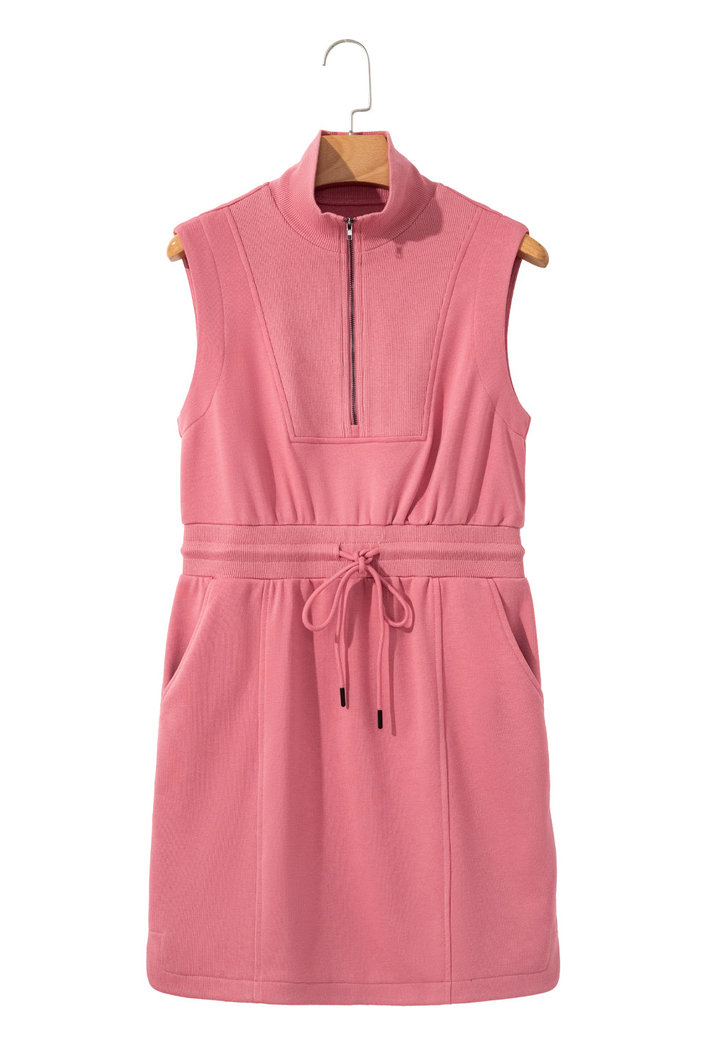 Mineral Red French Terry Zipped Collar Sleeveless Drawstring Waist Mini Dress-Chaelisa's New Jammies