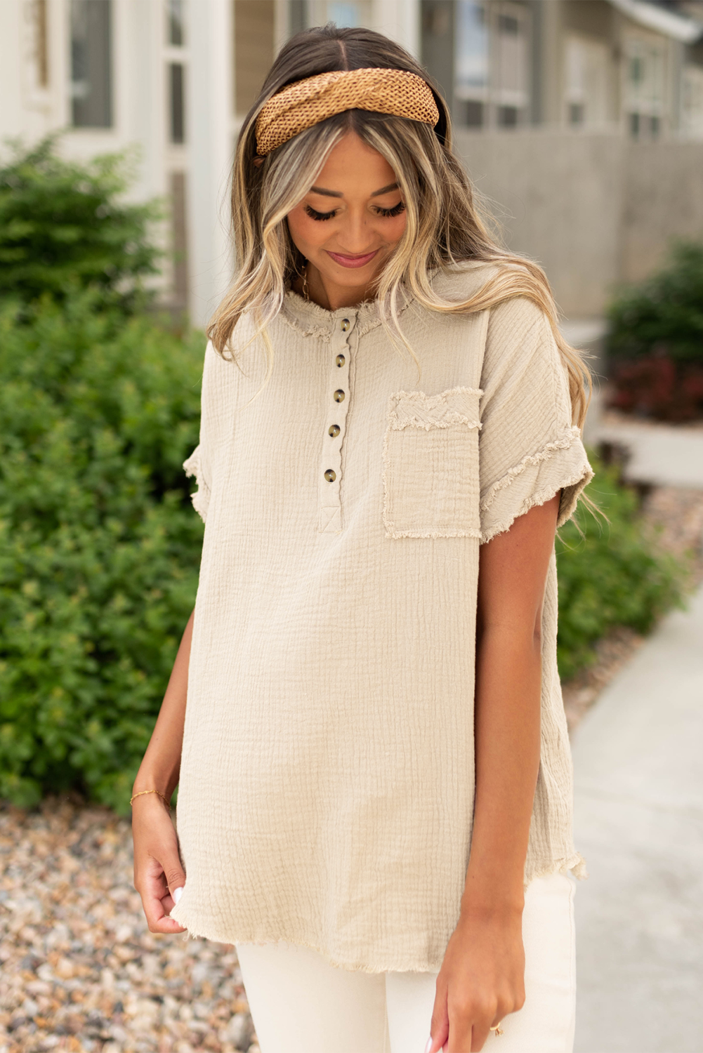Parchment Crinkle Textured Frayed Trim Half Button Short Sleeve Top-Chaelisa's New Jammies