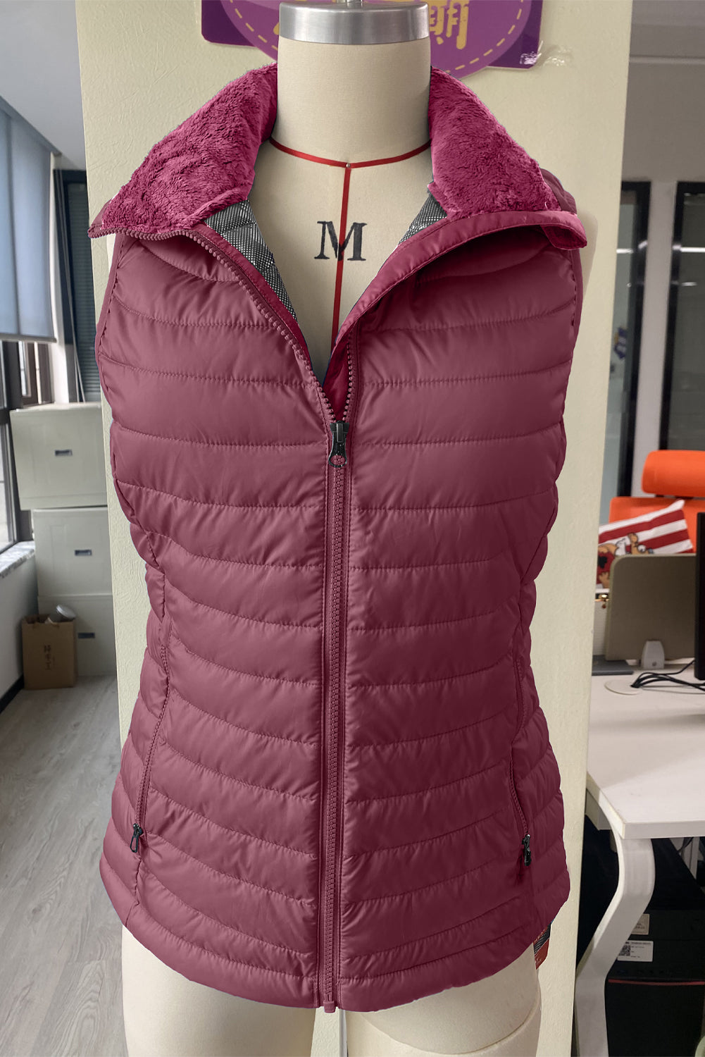 Burgundy Plush Collared Quilted Zipped Puffer Vest-Chaelisa's New Jammies