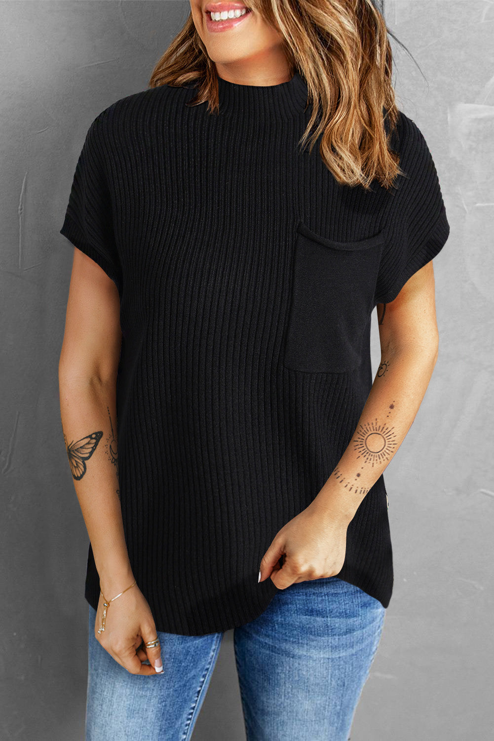 Black Patch Pocket Ribbed Knit Short Sleeve Sweater-Chaelisa's New Jammies