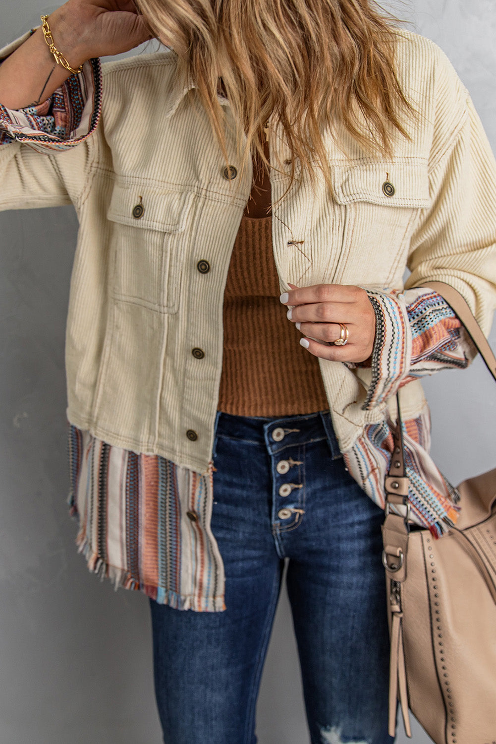 Button Up Pockets Striped Color Block Corduroy Jacket-Chaelisa's New Jammies