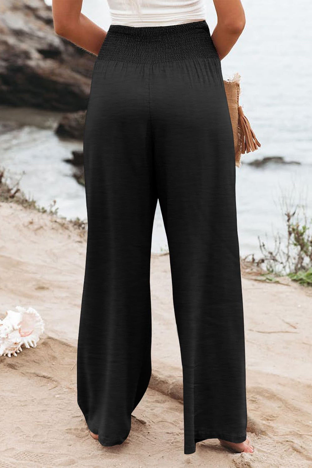 Black Shirred High Waist Plus Size Wide Leg Pants-Chaelisa's New Jammies