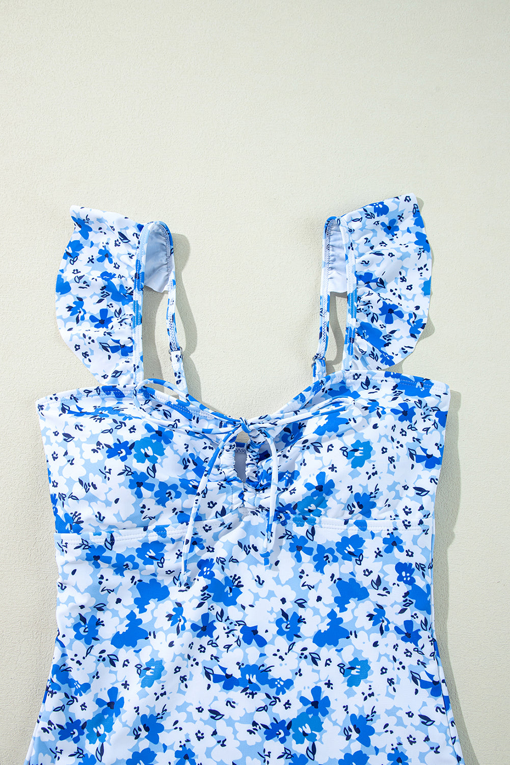 Blue Floral Ruffled Strap Lace-up Hollow Out One Piece Swimsuit-Chaelisa's New Jammies