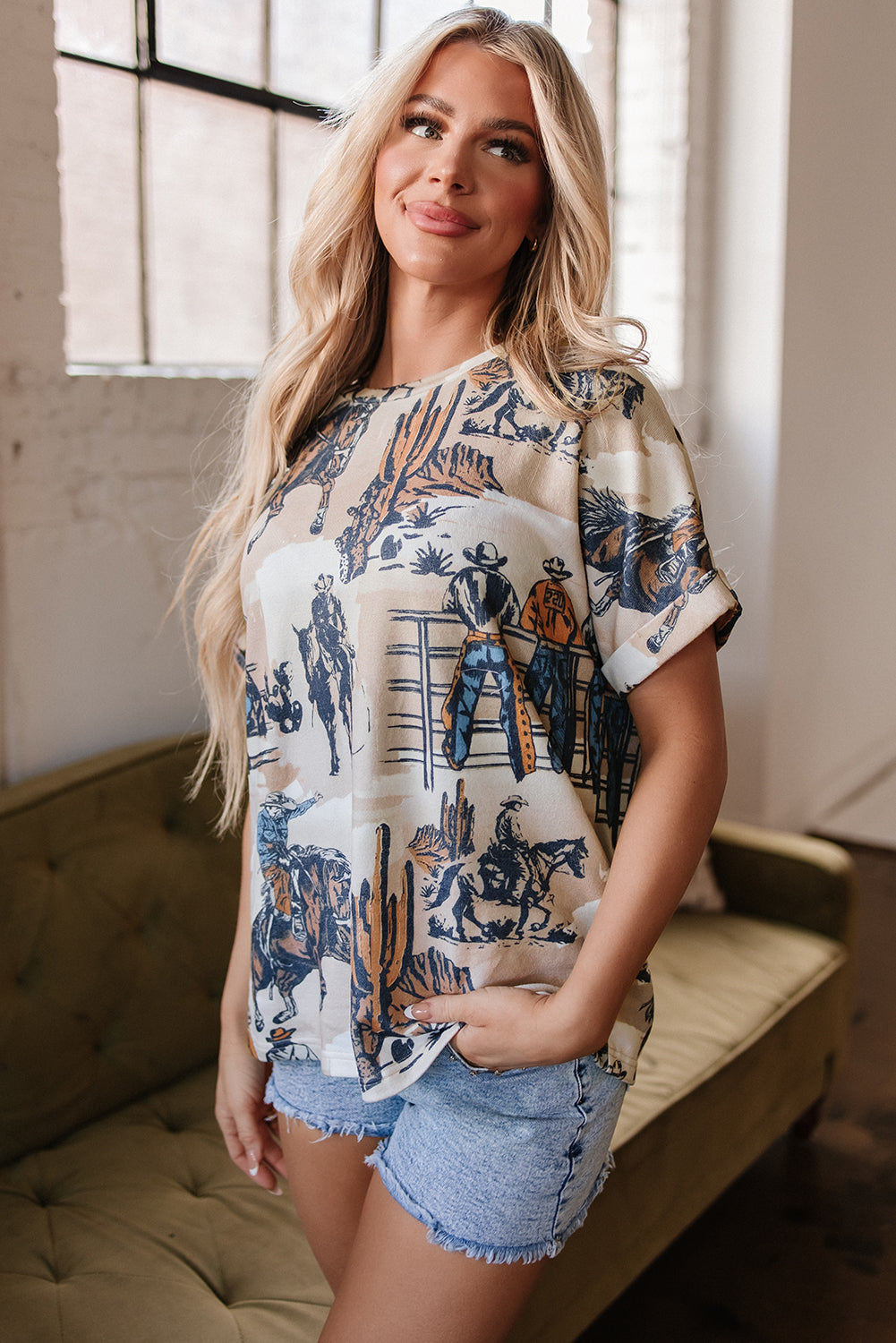 Khaki Western Cowboy Print Cuffed Sleeve Crewneck T Shirt-Chaelisa's New Jammies