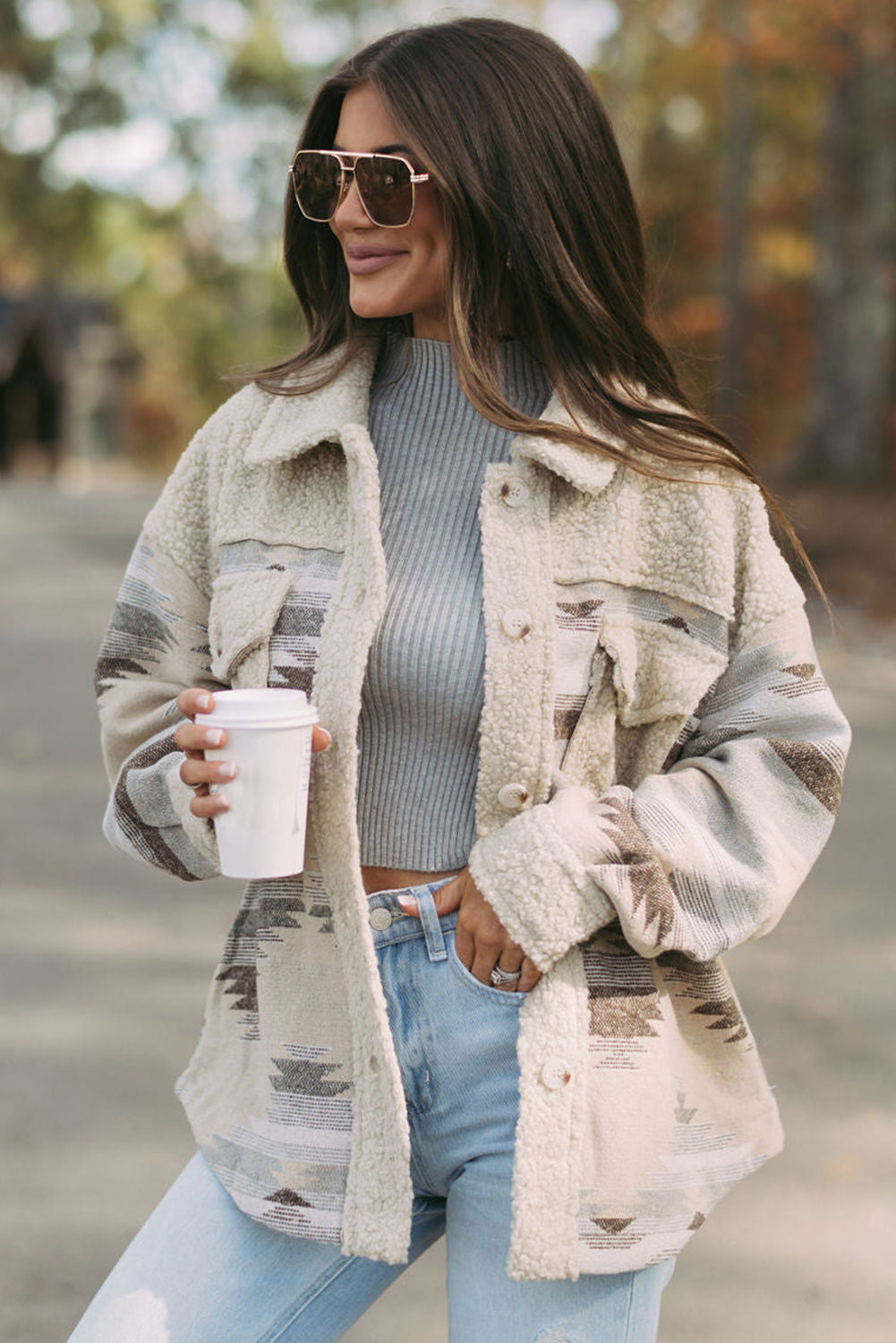 Khaki Western Aztec Print Sherpa Splicing Buttoned Flap Pocket Coat-Chaelisa's New Jammies