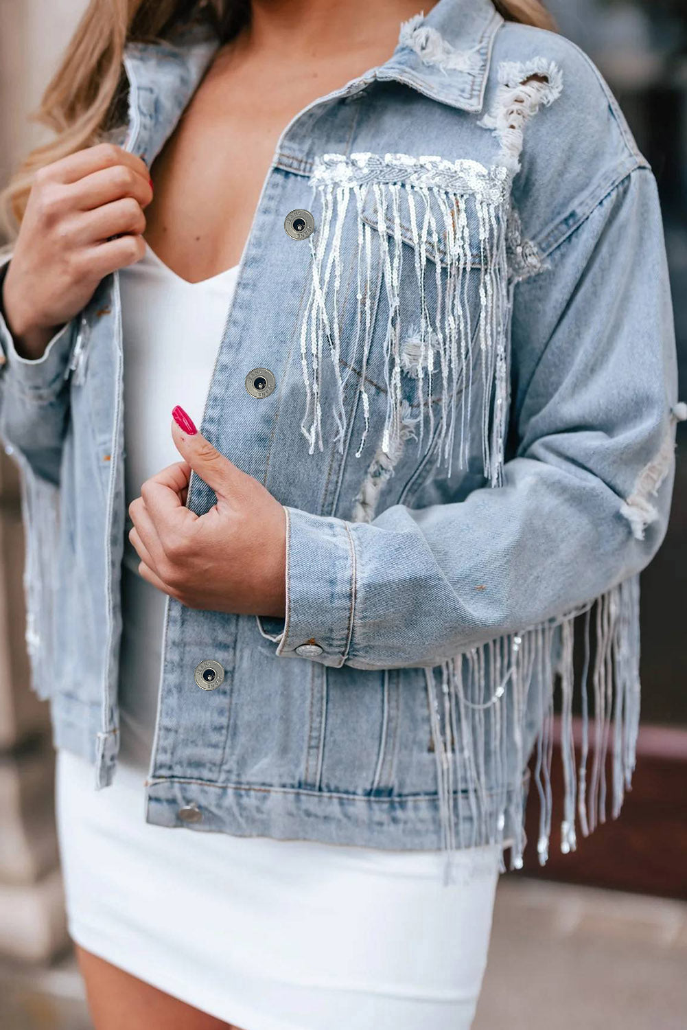 Sky Blue Sequin Embellished Fringe Distressed Denim Jacket-Chaelisa's New Jammies