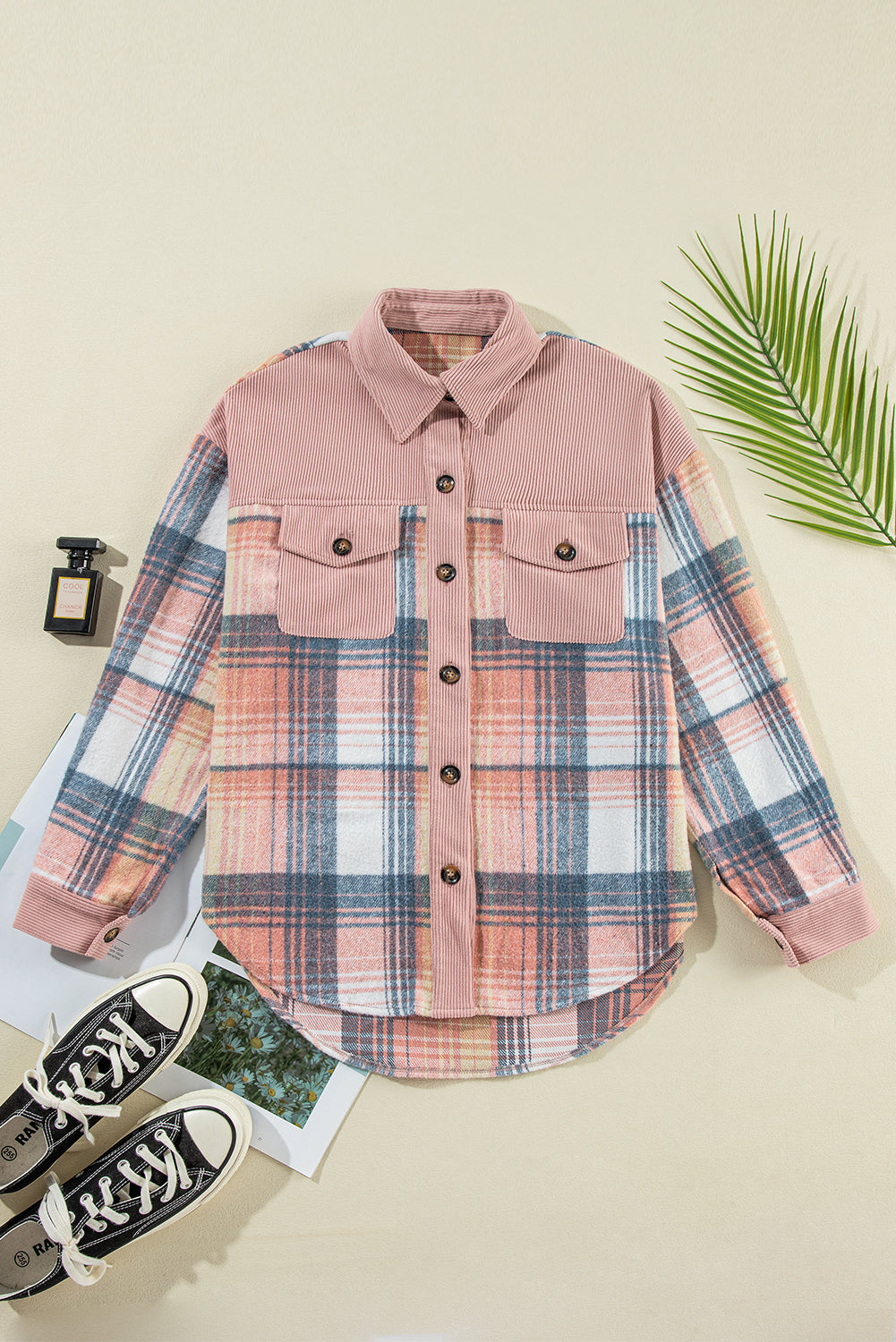 Light Pink Plaid Corduroy Patchwork Pocket Loose Shacket-Chaelisa's New Jammies