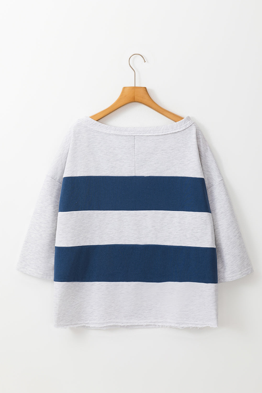 Sail Blue Colorblock Striped Patchwork 3/4 Sleeve Raw Seamed Sweatshirt-Chaelisa's New Jammies