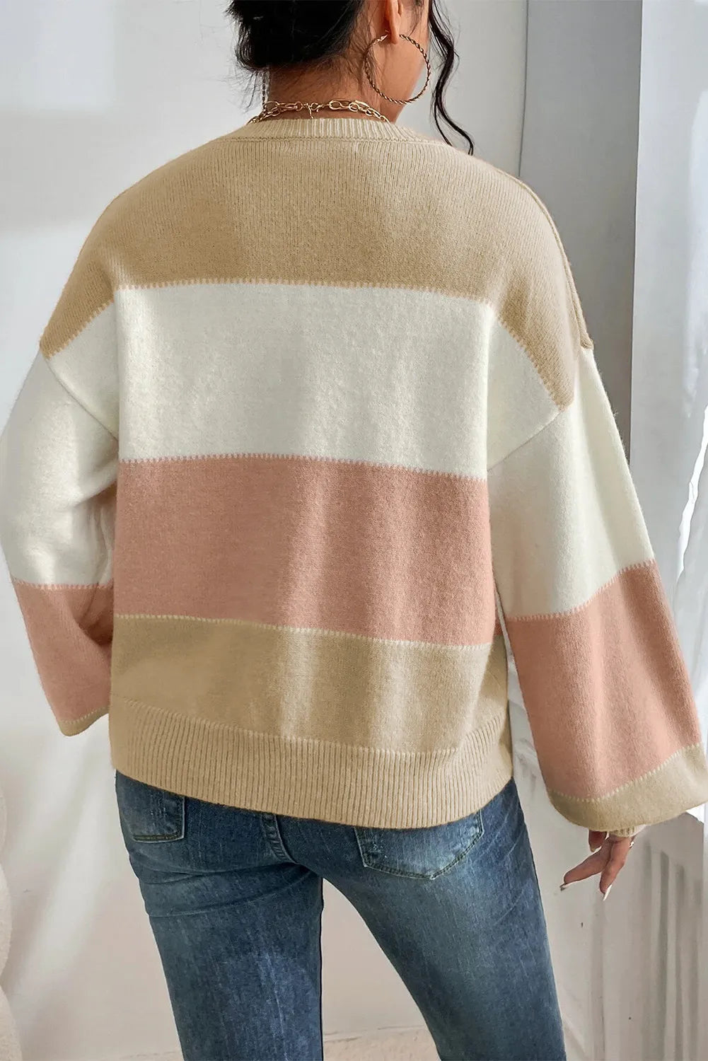 Color Block Round Neck Lantern Sleeve Sweater-Chaelisa's New Jammies