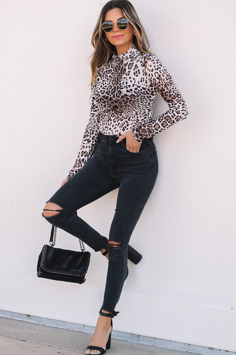 Brown Leopard Smocked Neck Mesh Long Sleeve Bodysuit-Chaelisa's New Jammies