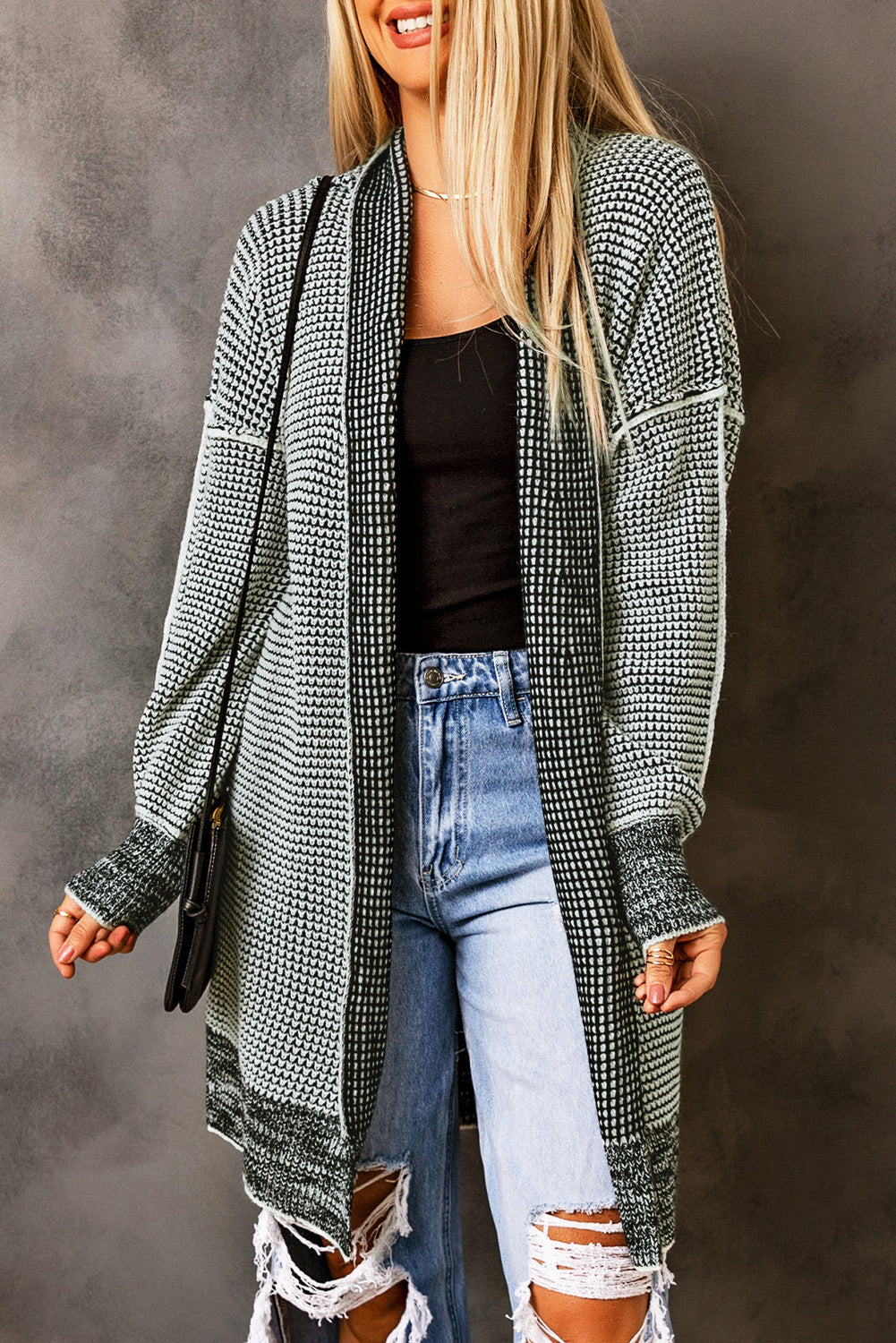 Gray Plaid Knitted Long Open Front Cardigan-Chaelisa's New Jammies