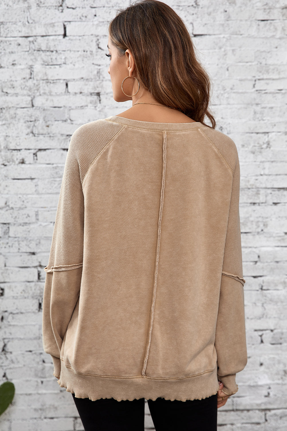Light French Beige Solid Waffle Knit Patchwork Raglan Sleeve Sweatshirt-Chaelisa's New Jammies
