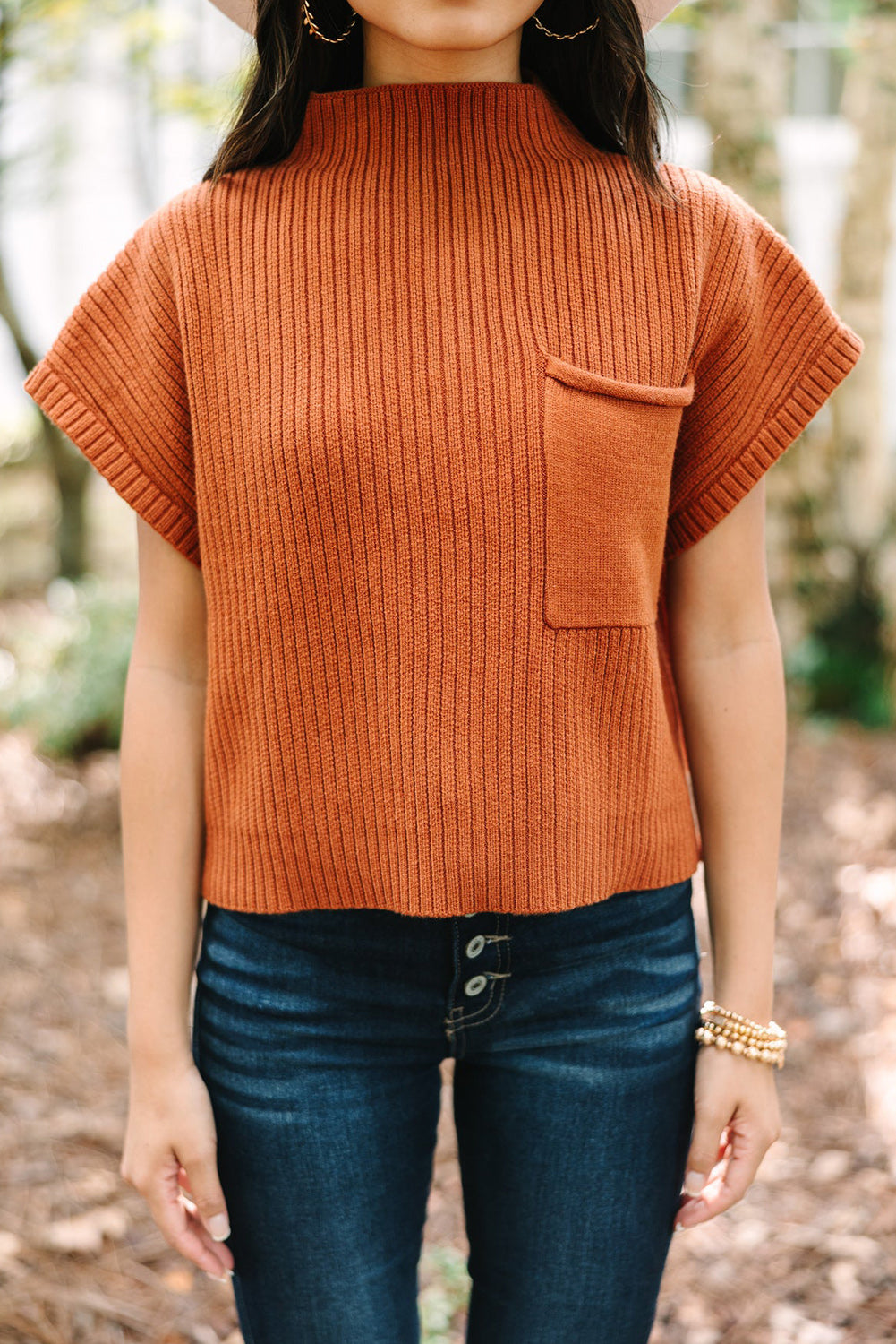 Black Patch Pocket Ribbed Knit Short Sleeve Sweater-Chaelisa's New Jammies