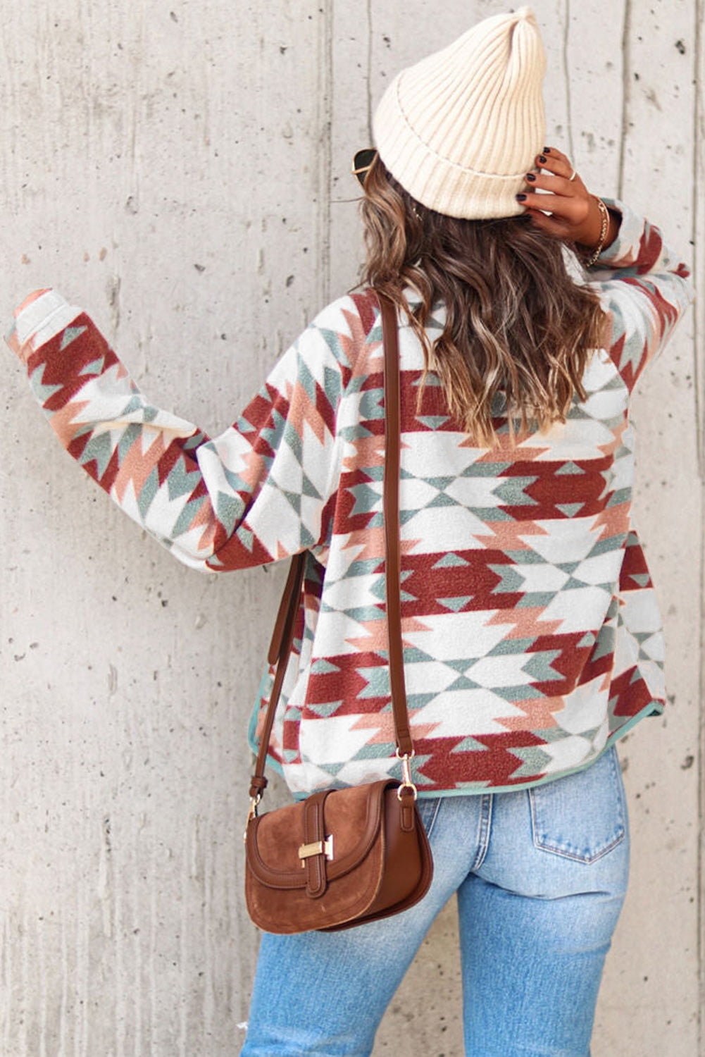 Fiery Red Western Aztec Buttoned Zipper Pockets Fleece Jacket-Chaelisa's New Jammies