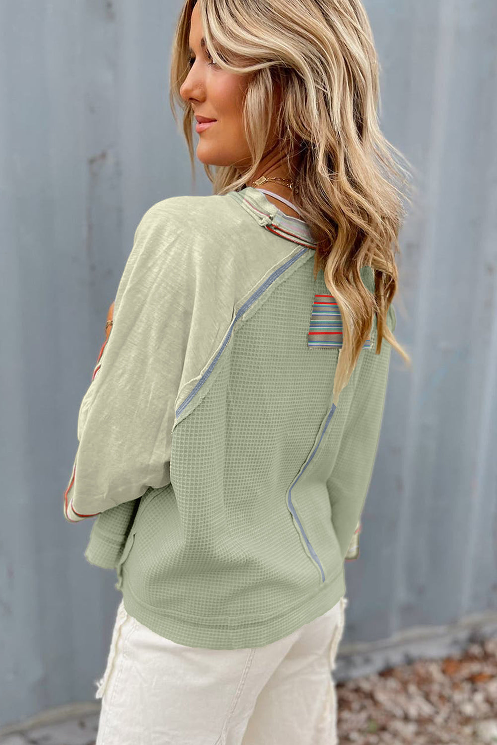 Meadow Mist Green Waffle Knit Wide Bracelet Sleeve Patchwork Raglan Top-Chaelisa's New Jammies