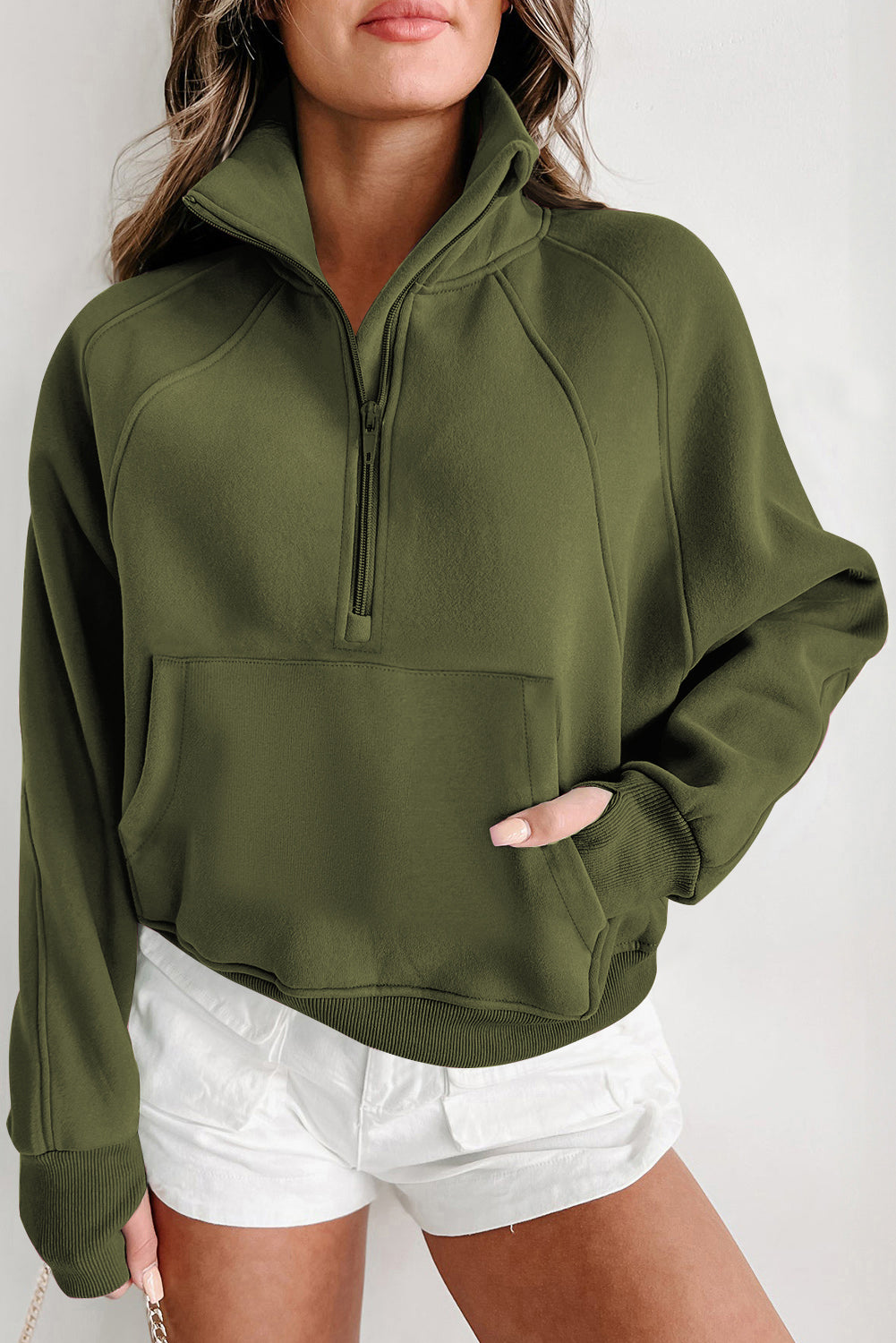 Gray Zip Up Stand Collar Ribbed Thumbhole Sleeve Sweatshirt-Chaelisa's New Jammies