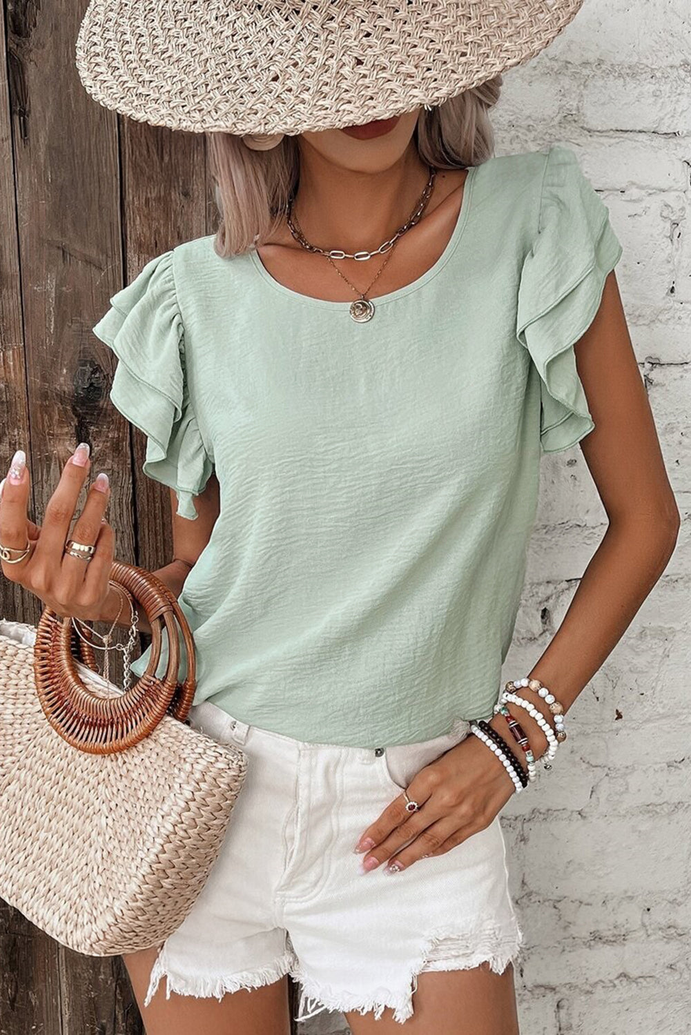 Clearly Aqua Solid Color Ruffled Short Sleeve Casual Blouse-Chaelisa's New Jammies